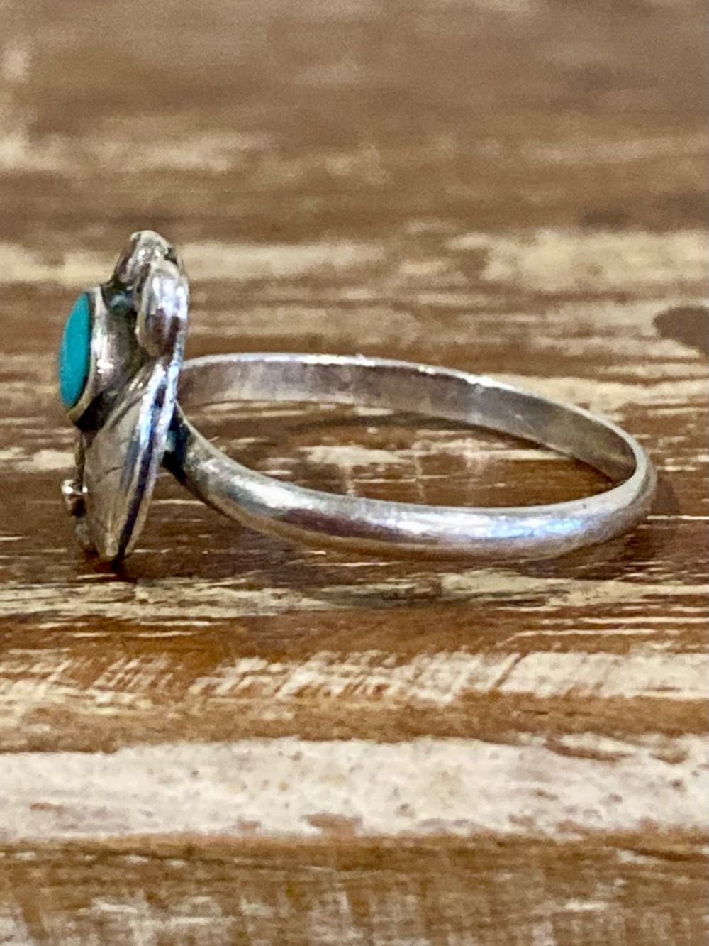 Super Tiny Silver Tone Ring with Turquoise Colored Center • Size 2.25 - Picture 12 of 16